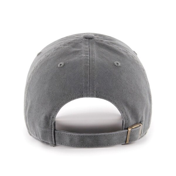 Back view of dark gray baseball cap with adjustable strap and metal buckle.